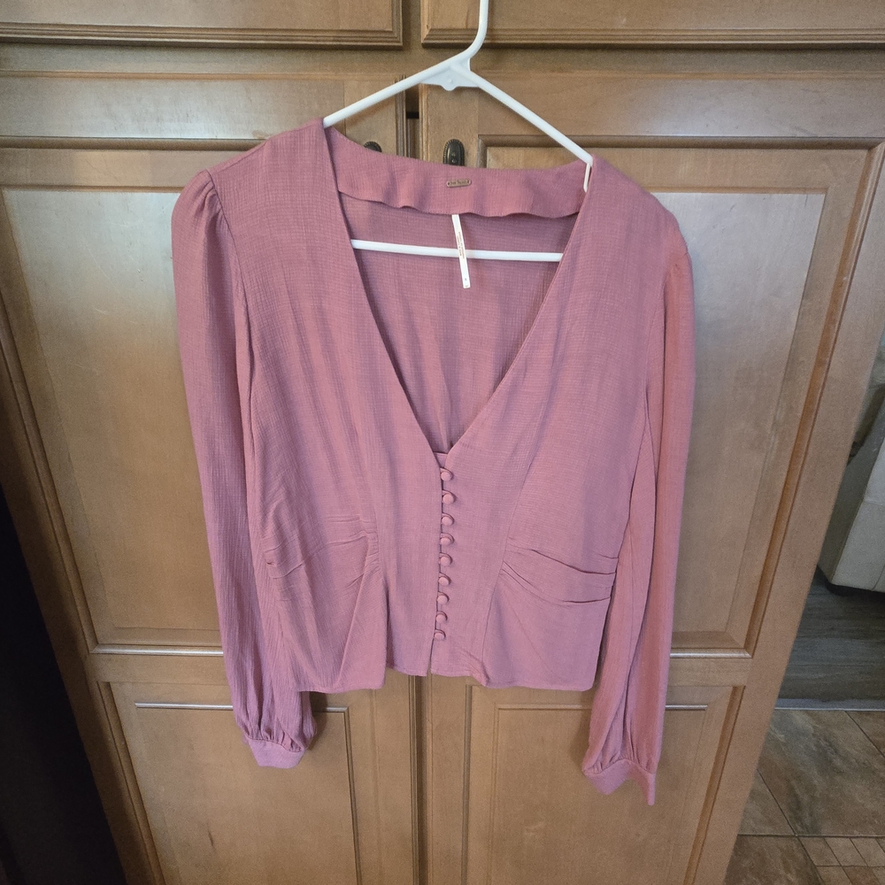 Free People Pink Long Sleeve Crop Blouse